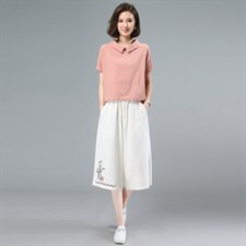 2021夏季新款简约时尚气质翻领个性减龄绣花七分阔腿裤棉麻两件套，女装套装/套裙，奕阳依阁