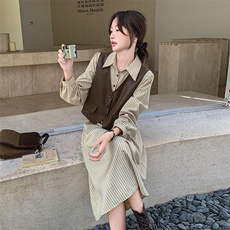 法式复古PU皮马甲连衣裙套装女2024秋季气质显瘦条纹衬衫裙两件套，女装连衣裙，2C129