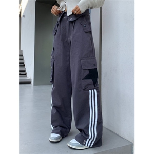 欧美式复古高街裤子hiphop条纹星星工装裤男女翻边设计感宽松秋季图片