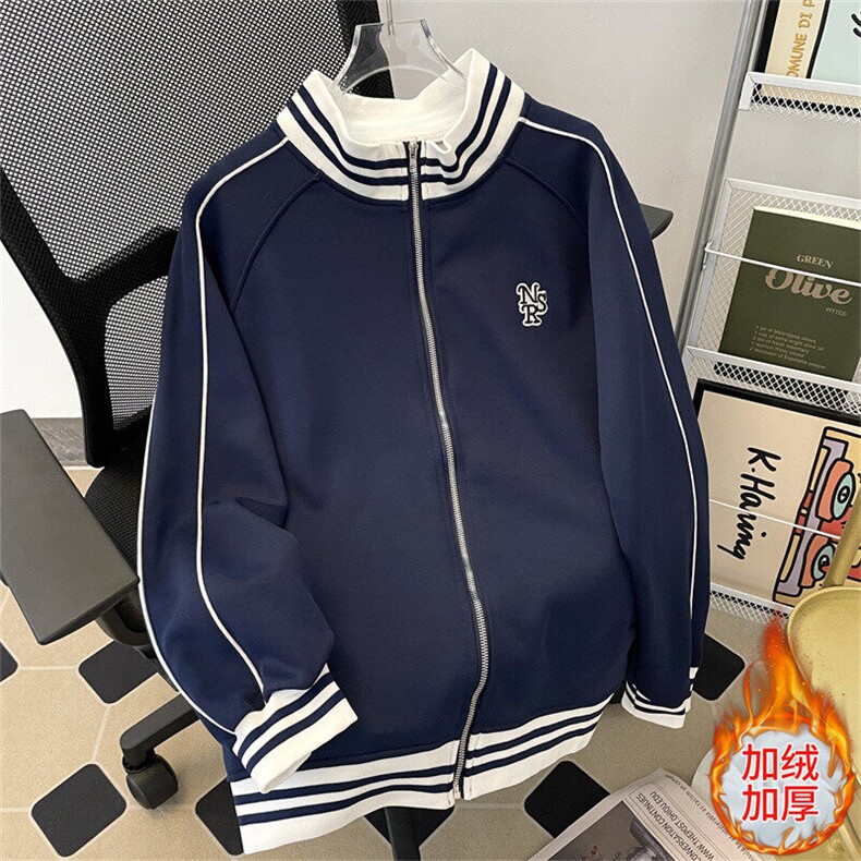 加绒加厚冬款男立领卫衣三条杠字母刺绣拼色夹克外套WY041 P55图片