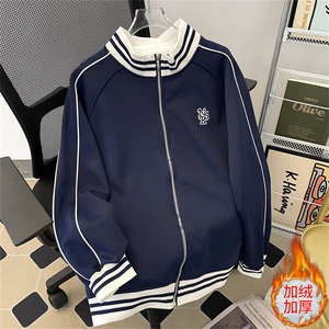 加绒加厚冬款男立领卫衣三条杠字母刺绣拼色夹克外套WY041 P55图片