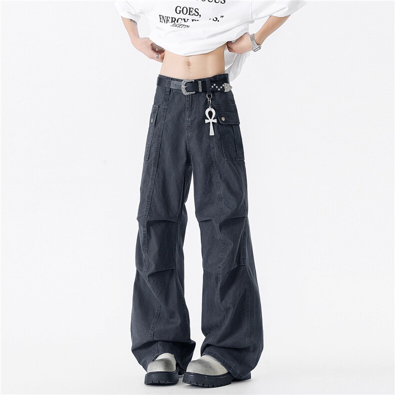 潮牌美式褶皱直筒休闲裤男复古街头宽松百搭阔腿长裤XK71-P60图片