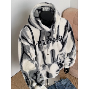 水墨扎染羊羔绒连帽卫衣复合超柔绒750克连帽棉衣 XZ301A Y05 P95图片
