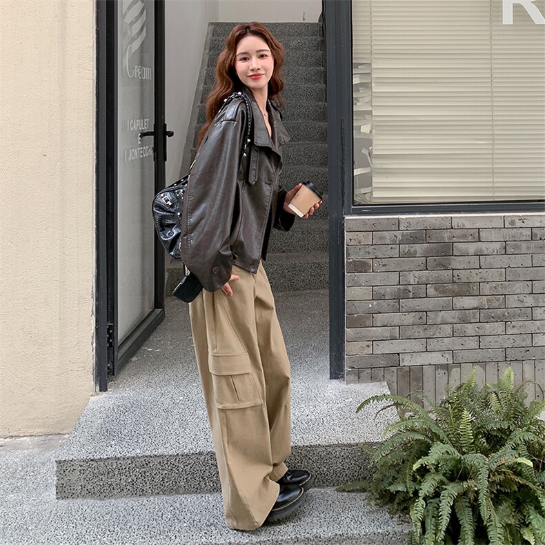 咖色复古美式做旧立领机车皮衣女秋2025新款小个子休闲显瘦短外套,女装皮衣,2C256
