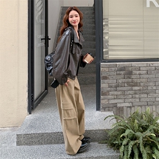 咖色复古美式做旧立领机车皮衣女秋2025新款小个子休闲显瘦短外套，女装皮衣，2C256
