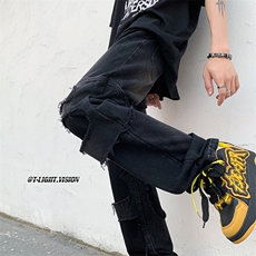 B221美式ins高街暗黑小众撞色破洞直筒牛仔裤LK23109-P65控88，男装牛仔裤，电商B221