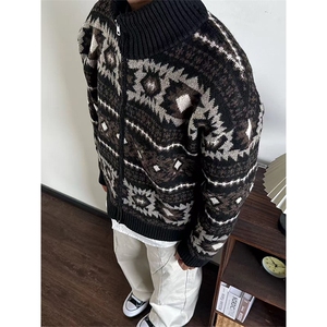 网图有货 美式复古费尔岛图腾针织男女百搭纽扣长袖毛衣A1174-P60图片