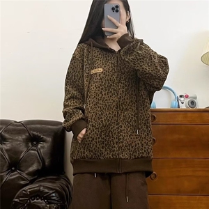 美式复古豹纹连帽拉链卫衣男女春秋新款宽松休闲百搭情侣外套潮图片