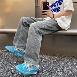 韩版潮牌破中性计牛仔裤潮夏季港风宽松阔腿乞丐裤子男N7228-p45图片