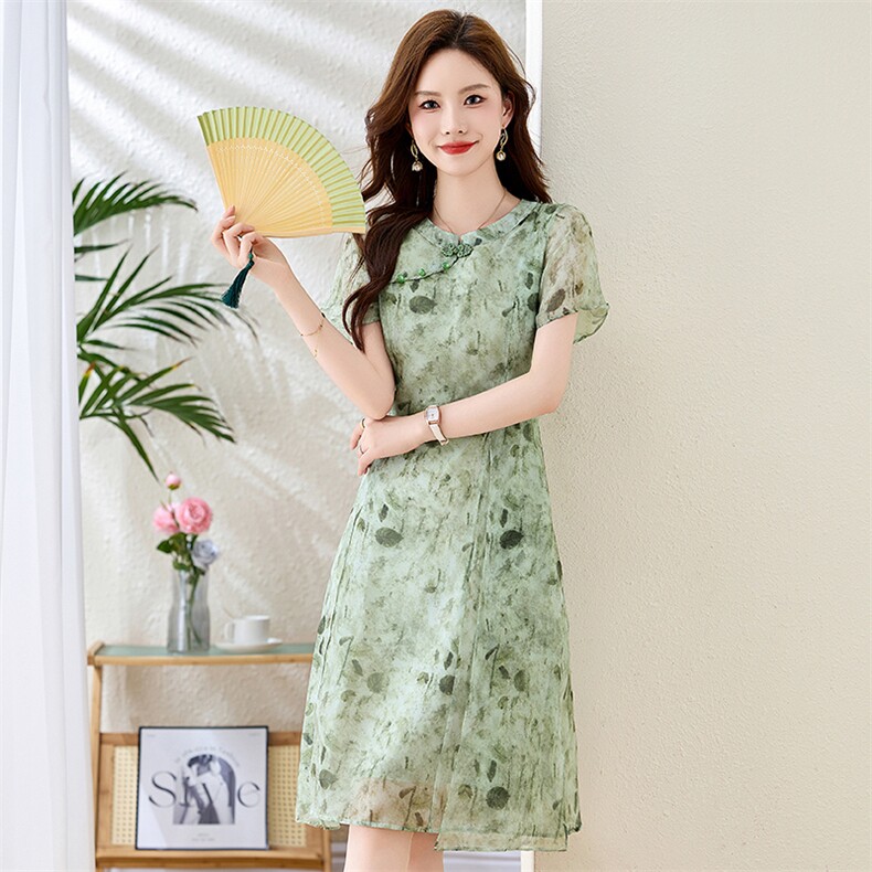 复古气质印花连衣裙女2025夏季新款系带收腰显瘦衬衫裙子,女装连衣裙,伊航服饰