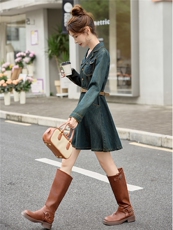 （新款现货）2026春装时尚显瘦复古色西装领牛仔连衣裙（配腰带），女装连衣裙，印象茜