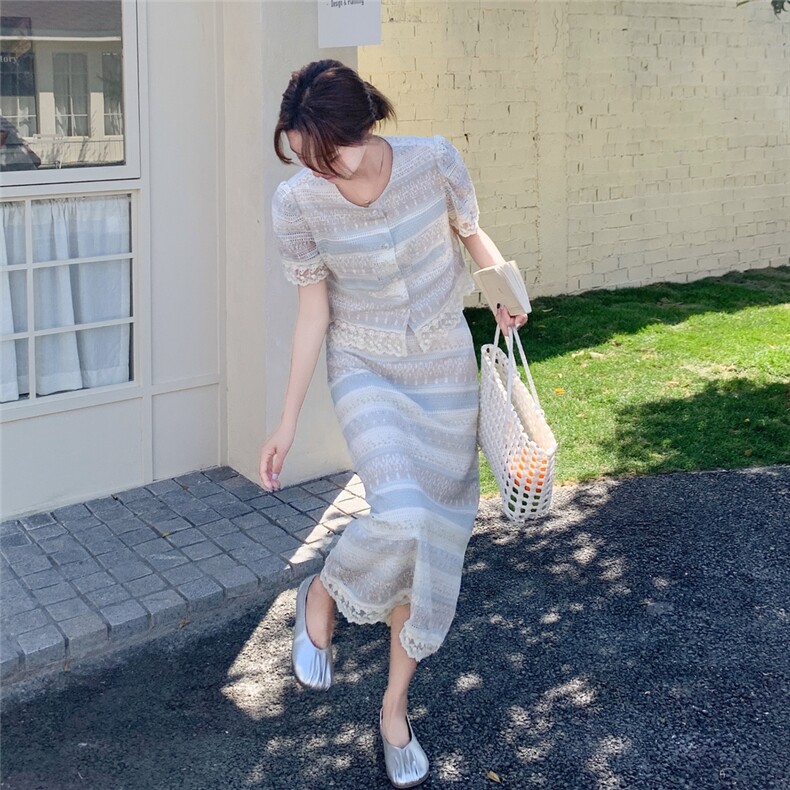 法式时尚套装蕾丝连衣裙女夏2025新款小香风上衣半身裙两件套潮,女装套装/套裙,2C098