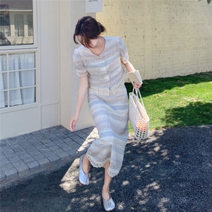 法式时尚套装蕾丝连衣裙女夏2025新款小香风上衣半身裙两件套潮图片