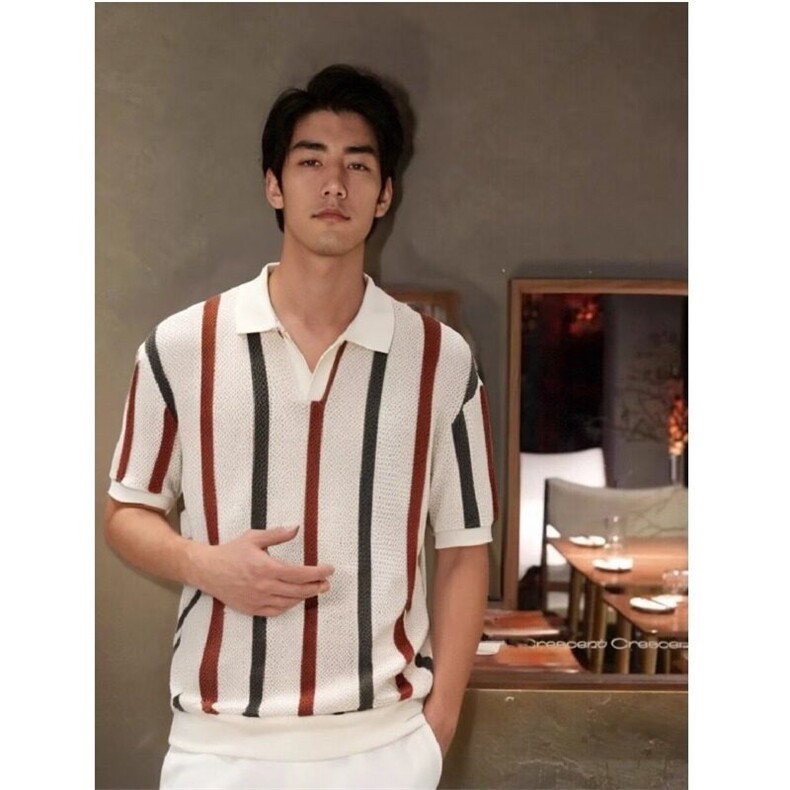 夏季条纹撞色翻领短袖t恤男士潮牌个性时尚休闲针织polo衫上衣服,男装T恤,星座506A