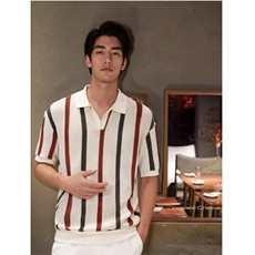 夏季条纹撞色翻领短袖t恤男士潮牌个性时尚休闲针织polo衫上衣服，男装T恤，星座506A