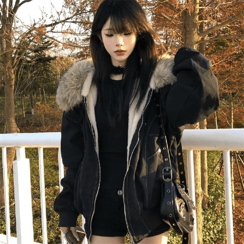 现货重磅boxy短款棉衣座山雕大毛毛领男女棉服水洗工装厚外套图片