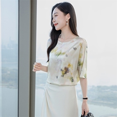 圆领印花真丝上衣女五分袖2026装短袖T恤半袖妈妈装真丝小衫，女装衬衫，阿舍尔精品