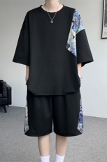 TZ792-特批50控98夏季冰丝潮流大码小熊撞色短袖短裤套装男，男装牛仔裤，电商A059