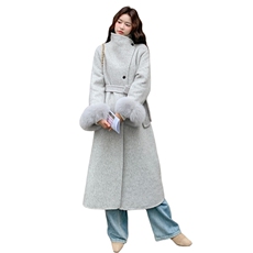 现货双旦主推款双面羊毛呢过膝长袖狐狸毛可拆卸加厚羊毛大衣，女装双面呢大衣，丝露怡语