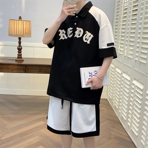 夏款学生撞色拼接半袖套装时尚翻领短裤T恤男女 7805-P75控价108图片