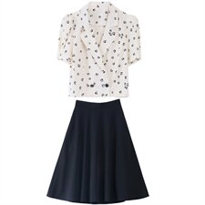 2022夏装新款气质淑女短款印花翻领上衣搭配半身裙两件套，女装套装/套裙，芭米依尚