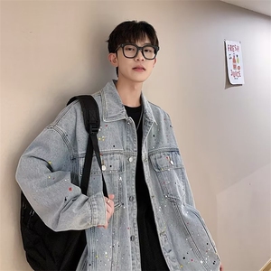 做旧工装夹克泼墨牛仔外套男春秋季港风学生宽松上衣 W3774-P68图片