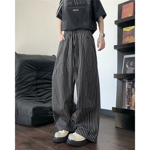 设计感宽松条纹休闲裤男美式休闲阔腿裤直筒拖地长裤子U488-P48图片