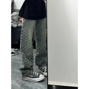 蓝色提花满印牛仔裤男夏季小众直筒裤美式高街vibe裤子 G63图片