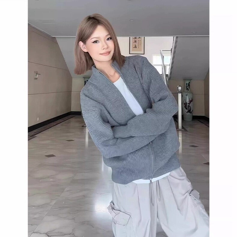 浅灰色立领拉链毛衣外套男秋冬季慵懒风针织开衫美式cleanfit夹克图片