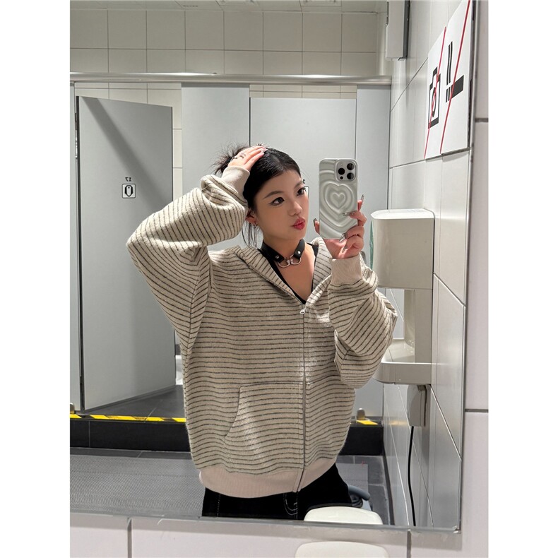 新款美式复古条纹拉链开衫连帽卫衣男女情侣外套WY151-P80,女装短外套,星座208-5