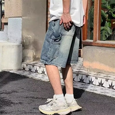 日系复古水洗牛仔短裤男夏季美式高街潮牌休闲潮流松紧腰五分裤子，男装牛仔裤，星座506A