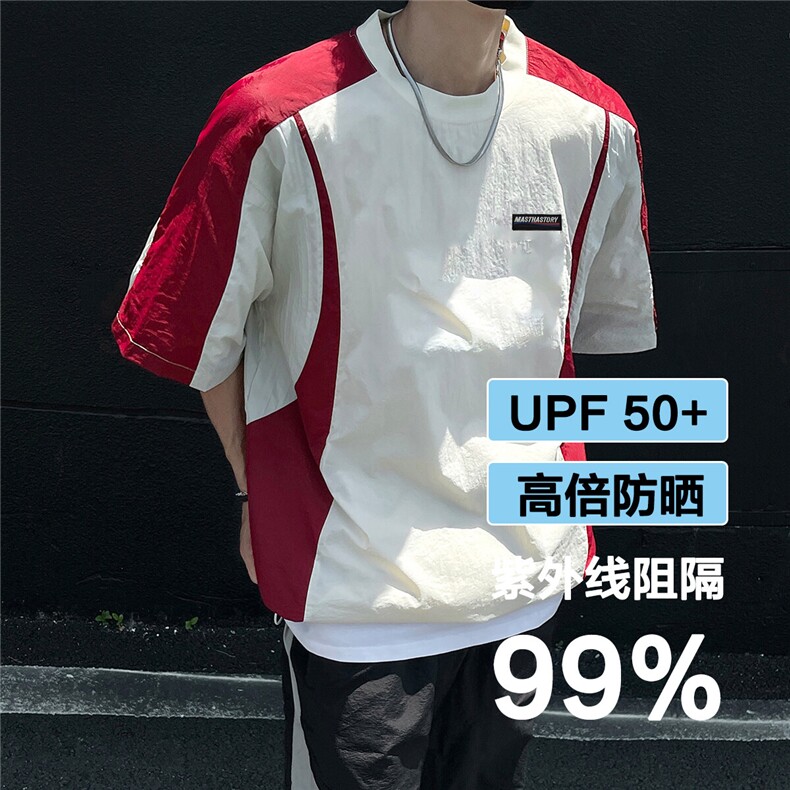 夏拼色设计轻薄UPF50+反光条短袖套头防晒衣男F32/P35控49-100涤图片