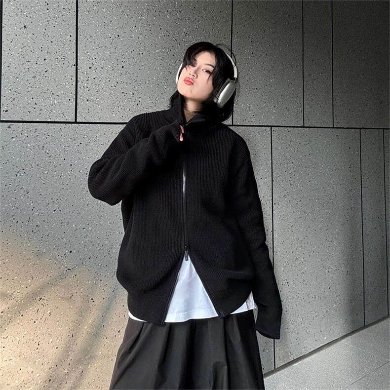 抖音得物保暖立领拉链针织外套秋冬宽松慵懒风纯色毛衣上衣AM02,男装针织衫/毛衣,电商A443