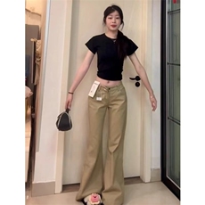 卡其色低腰微喇叭牛仔裤女xs小个子宽松阔腿显瘦藏肉休闲拖地长裤，男装牛仔裤，星座506A