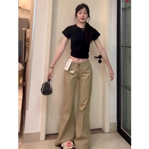 卡其色低腰微喇叭牛仔裤女xs小个子宽松阔腿显瘦藏肉休闲拖地长裤图片