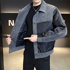 新标902025翻领拼接牛仔休闲宽松加厚保暖羽绒服外套5807-P295，男装羽绒服，电商A413