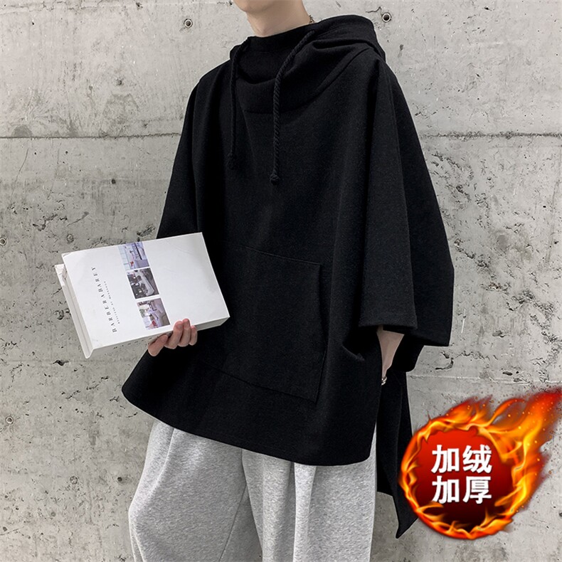 秋冬暗黑蝙蝠加绒中长款斗篷男女连帽加厚休闲卫衣大码外套风衣,男装风衣,星座909