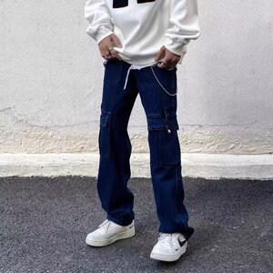 美式复古立体贴袋机能工装牛仔裤男早秋高街直筒长裤NK0018P52图片
