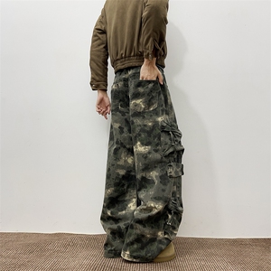 美式复古多口袋迷彩裤潮流休闲设计感宽松牛仔裤图片