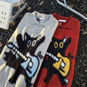 美式猫咪提花polo领毛衣男宽松休闲软糯慵懒针织衫MY09568-P58图片