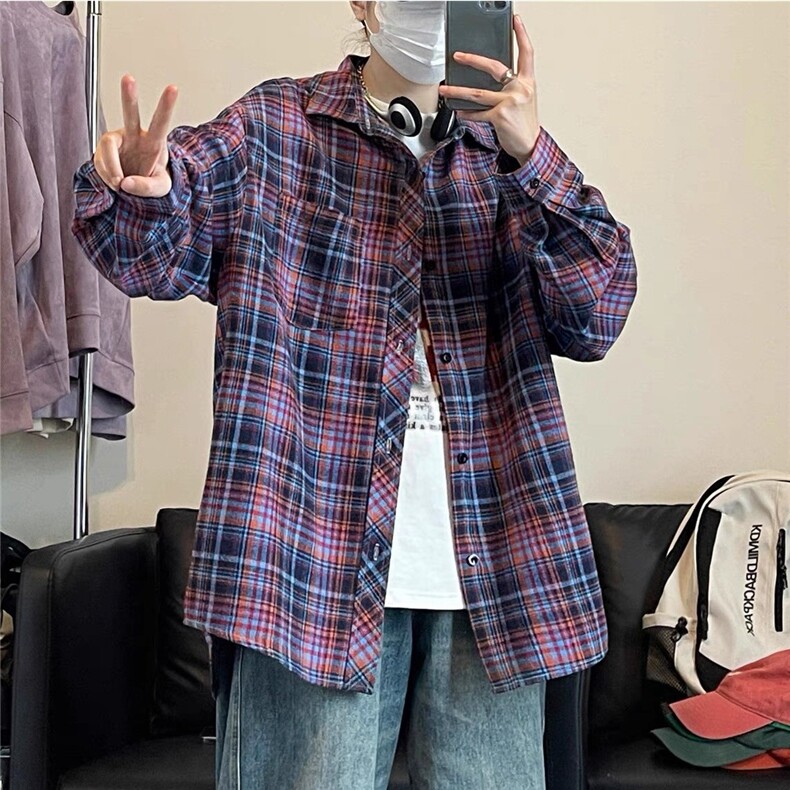 格子衬衫男长袖春秋季新款美式复古高街潮牌休闲宽松翻领衬衣,男装衬衫,星座410-6（原星座1304-1）