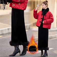 2026年冬季新款H型高腰高档金丝绒加厚半身裙鸵鸟毛下摆百搭女士，女装半身裙，韩宇舍