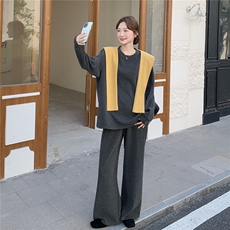韩系撞色拼接休闲卫衣阔腿裤三件套女秋冬2025新款一整套ootd穿搭，女装套装/套裙，2C098