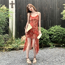 粉色掐腰连衣裙城市机能风性感吊带碎花长裙常规碎花显瘦气质夏季，女装连衣裙，2C167