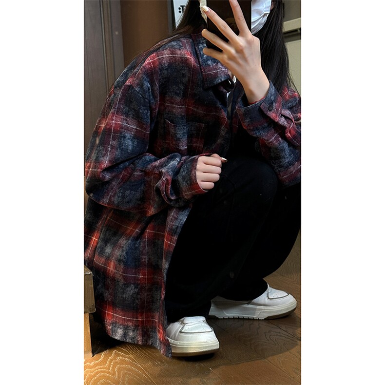 现货复古晕染格子长袖衬衫女高级感慵懒风外套男C19-P50控78,男装衬衫,星座205-5