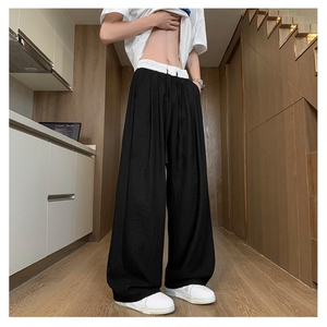 美式复古亚麻拼接假两件宽松慵懒垂感直筒休闲裤504-K881-P45控69图片