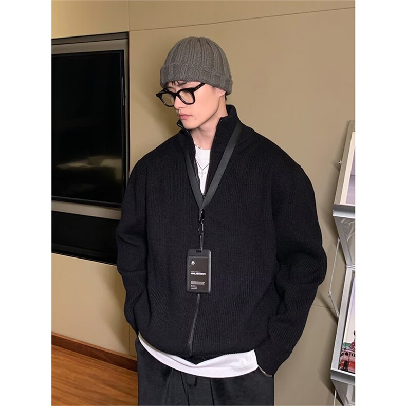 抖音得物保暖立领拉链针织外套秋冬宽松慵懒风纯色毛衣上衣AM02，男装针织衫/毛衣，电商A443