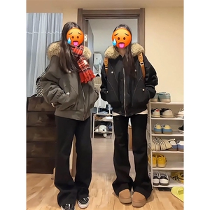 现货重磅boxy短款棉衣座山雕大毛毛领男女棉服水洗工装厚外套图片