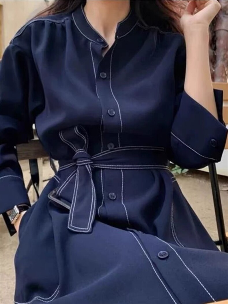 2025夏季新款宽松赫本风腰带大码中长款连衣裙女,女装连衣裙,织己羊绒