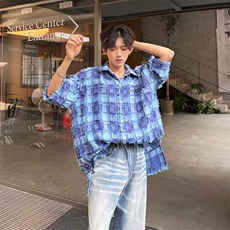 夏新复古短袖格子衬衣男大码磨毛半袖衬衫上衣A071-C60-P45，男装衬衫，电商A071